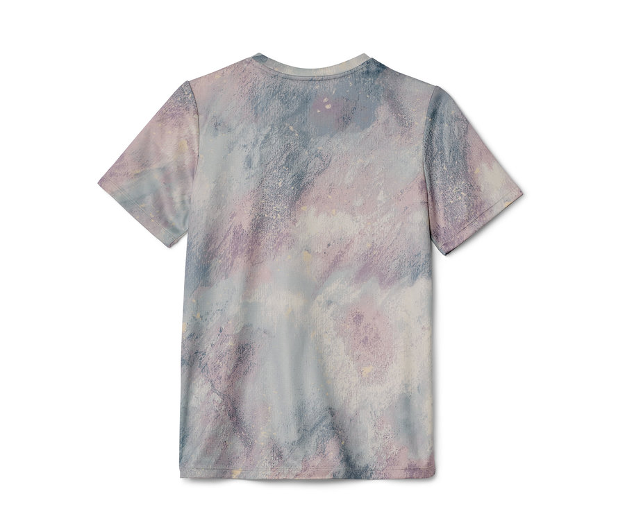 Rückansicht eines Kinder-Sportshirts aus einem 2er-Set mit abstraktem Muster in Lila- und Blautönen.