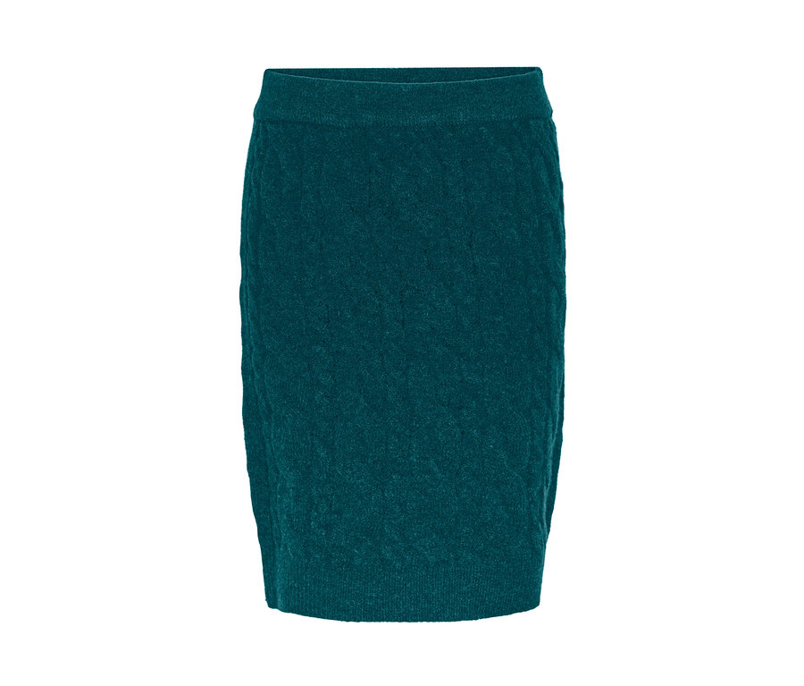 Detailaufnahme eines petrolfarbenen Strickrocks.