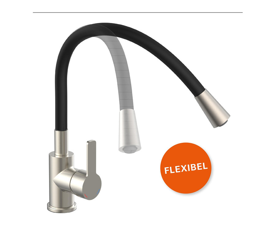 Edelstahl-Spültischarmatur »FLEXO« mit schwarzem, flexiblem Arm.