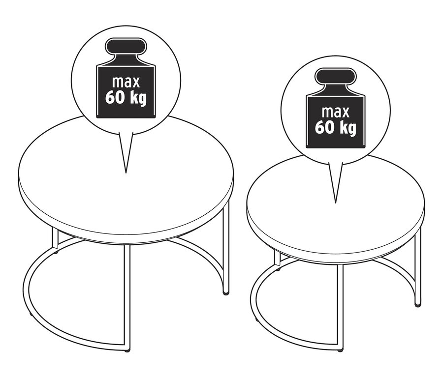 Zwei Couchtische mit runder Beton-Tischplatte und Metallbeinen. Maximale Belastbarkeit 60 kg.
