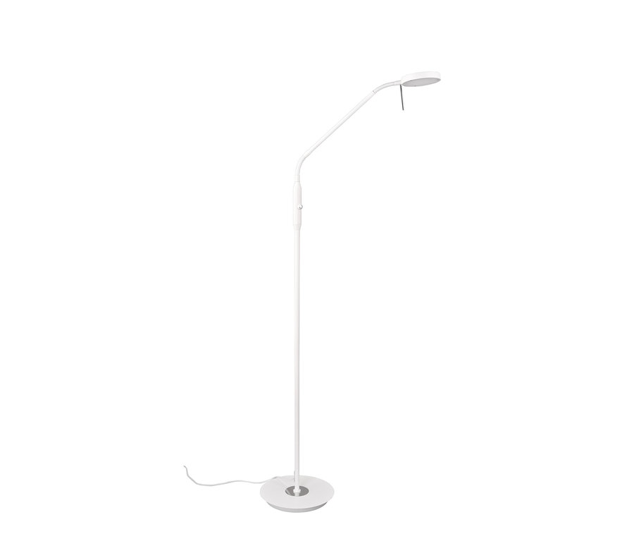 Eine weiße Trio LED-Stehlampe »Monza« mit rundem Fuß und flexiblem Arm.