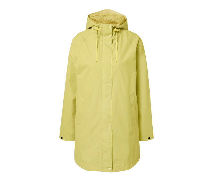 Gelbe Regenjacke mit Kapuze.
