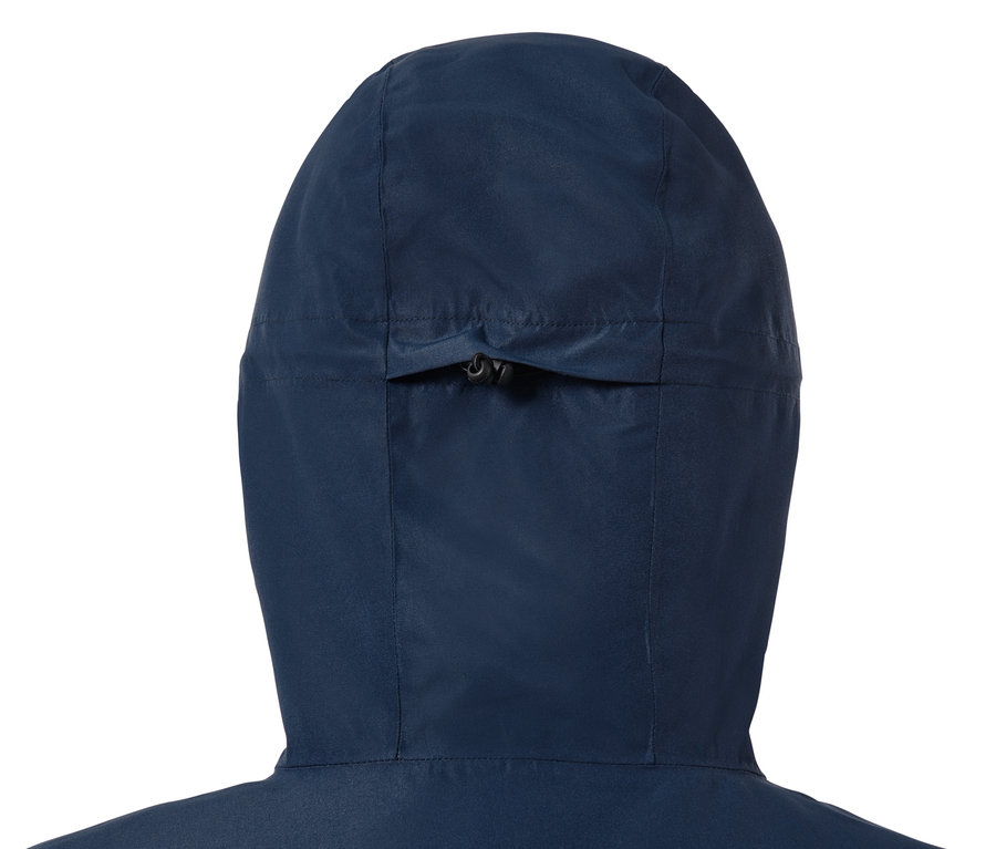 Detailansicht der Kapuze einer blau-grünen Skijacke.