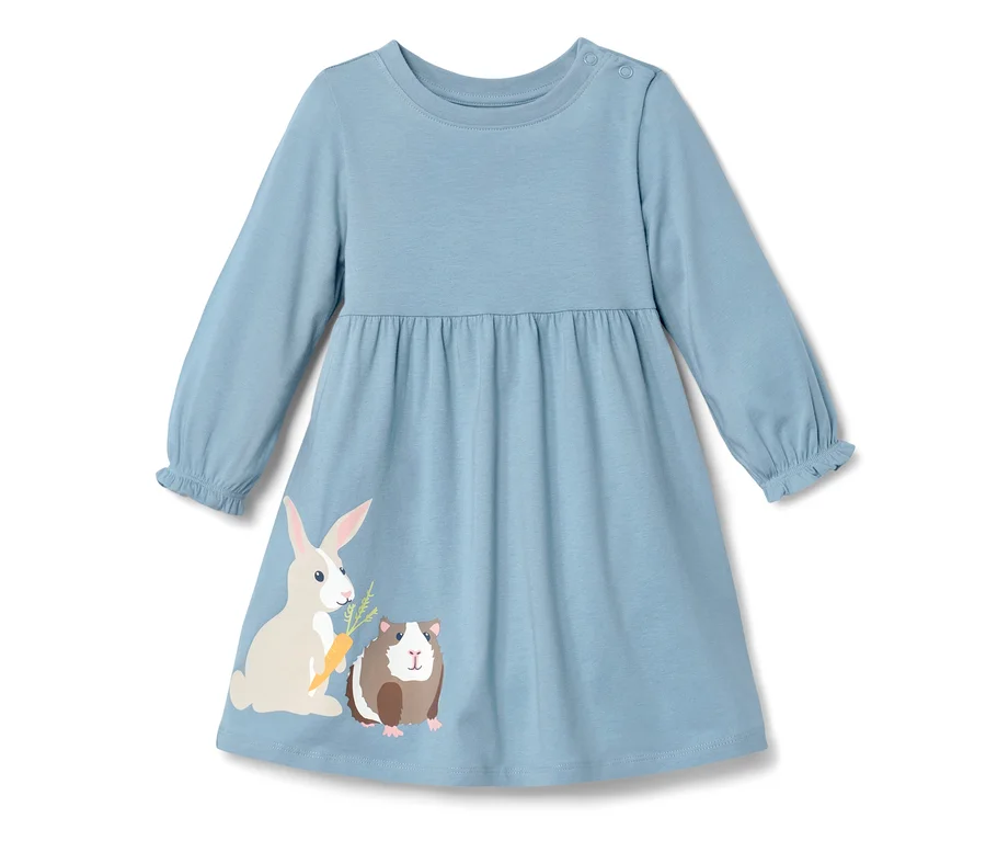 Blaues Kleinkind-Jerseykleid mit Hasen- und Meerschweinchenprint.