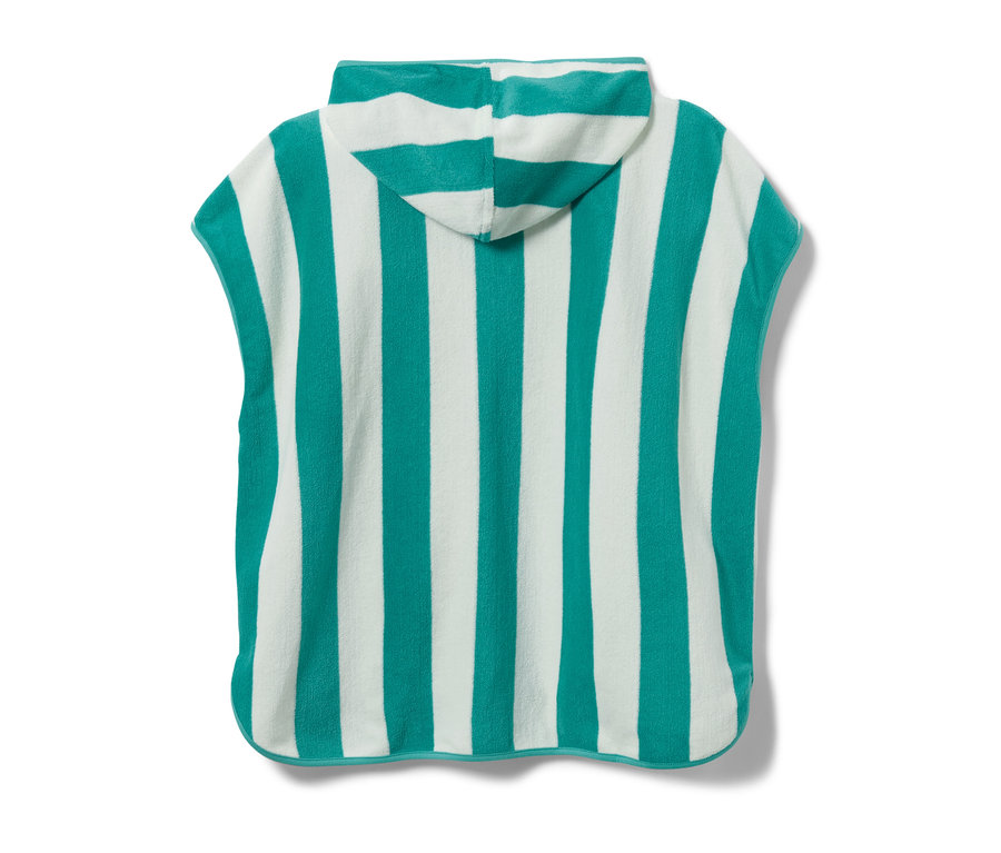 Baby-und-Kinder-Frottierponcho mit Kapuze, mit grünen und weißen Streifen.