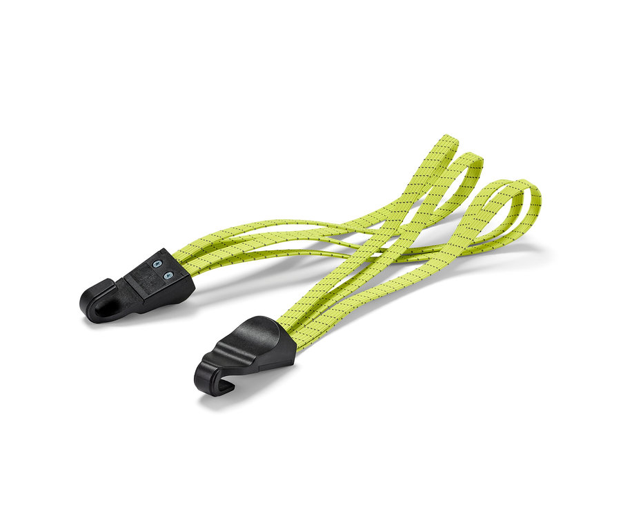 Zwei gelbe Fahrrad-Spanngurte mit schwarzen Haken an den Enden.