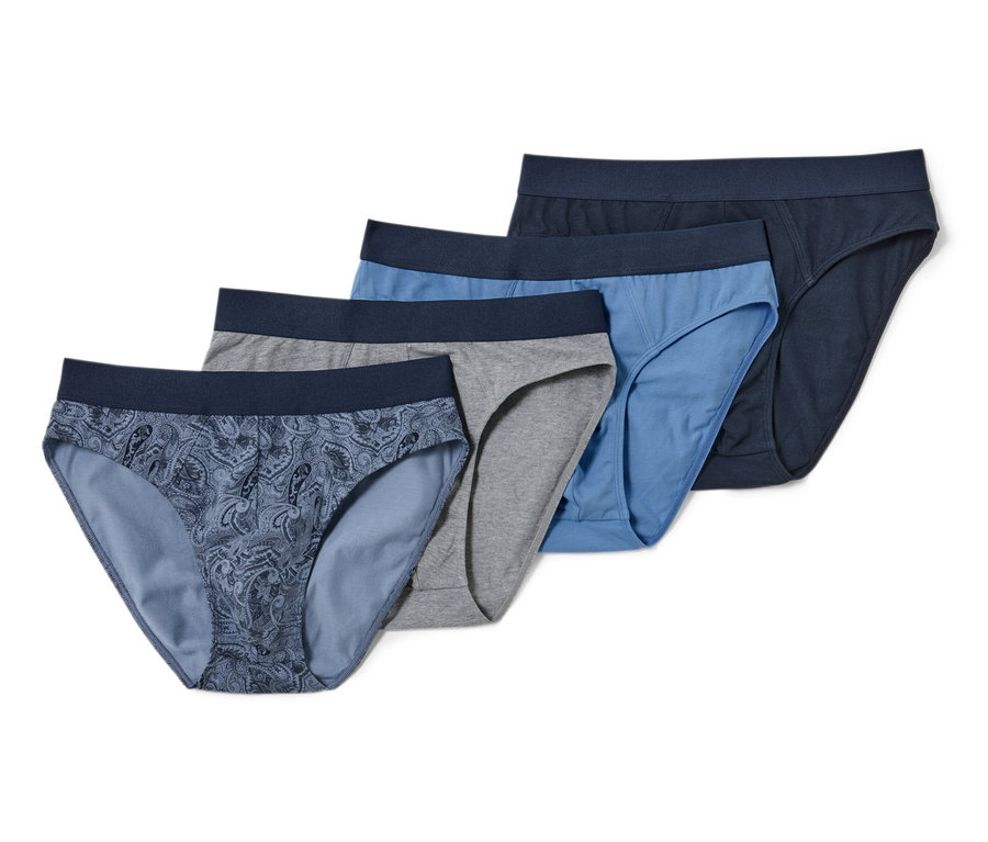 Vier Slips, 4 Stück, Paisley-Muster, grau, blau und dunkelblau, liegen übereinander.