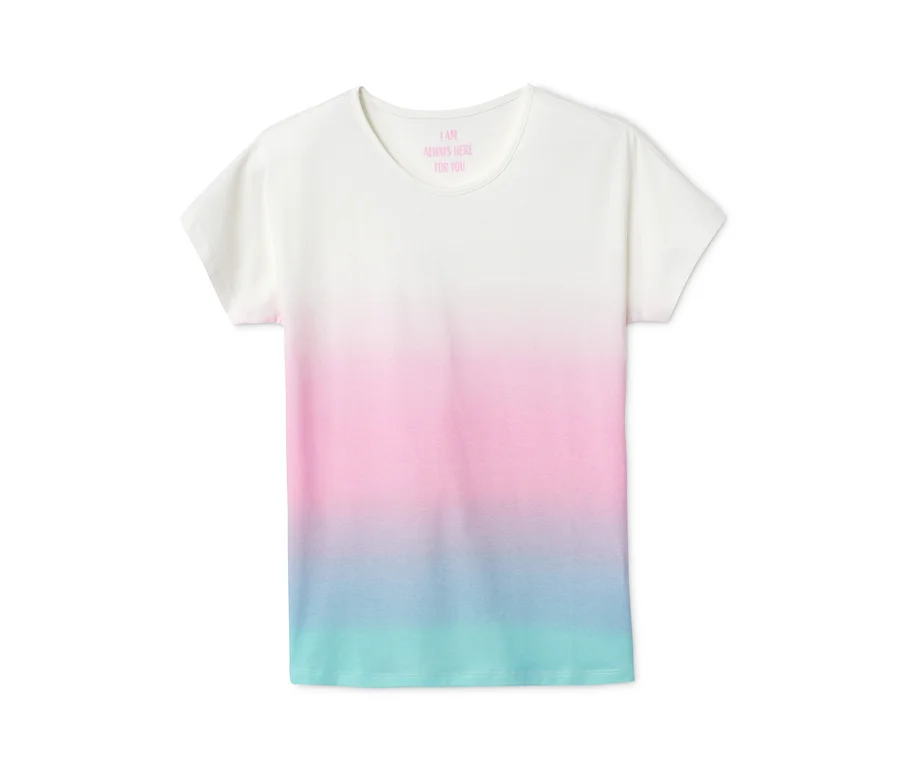 Weißes T-Shirt mit Farbverlauf (rosa, türkis).