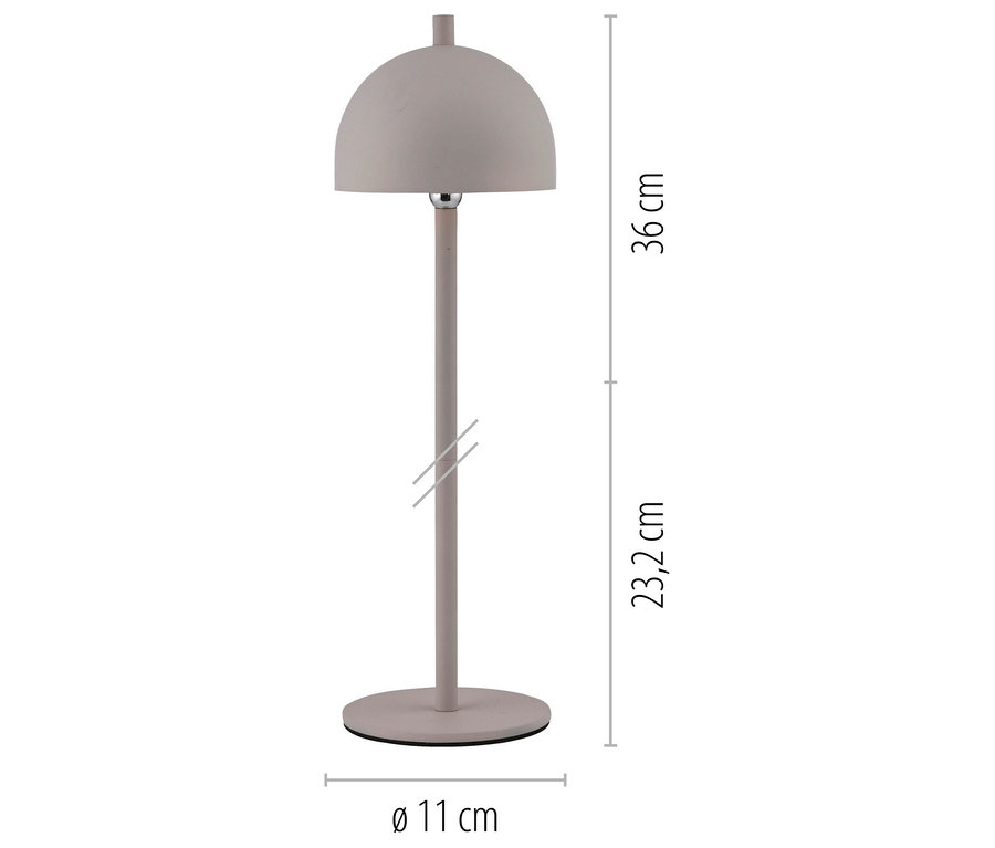 Eine graue Lampe mit rundem Lampenschirm steht vor einem weißen Hintergrund.