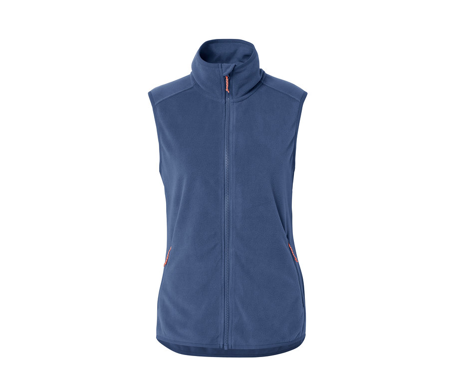 Blaue Fleece-Weste mit Reißverschluss in der Mitte.