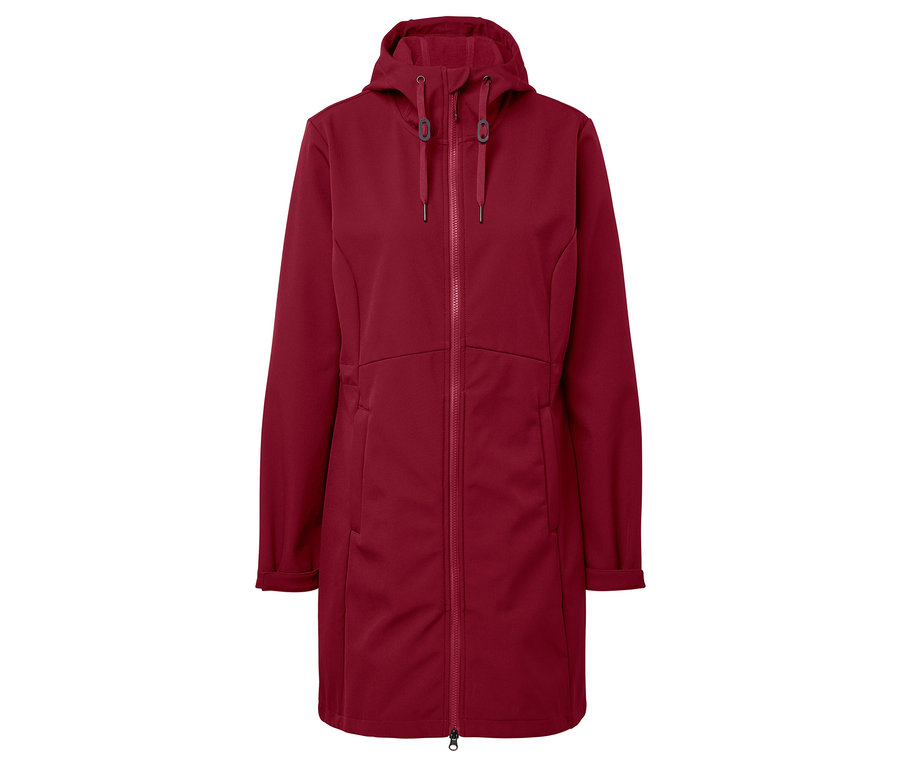 Bordeauxrote Jacke mit Kapuze und Reißverschluss.