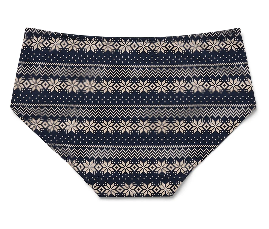 Damen-Unterhose mit Weihnachtsmuster auf dunkelblauem Hintergrund.