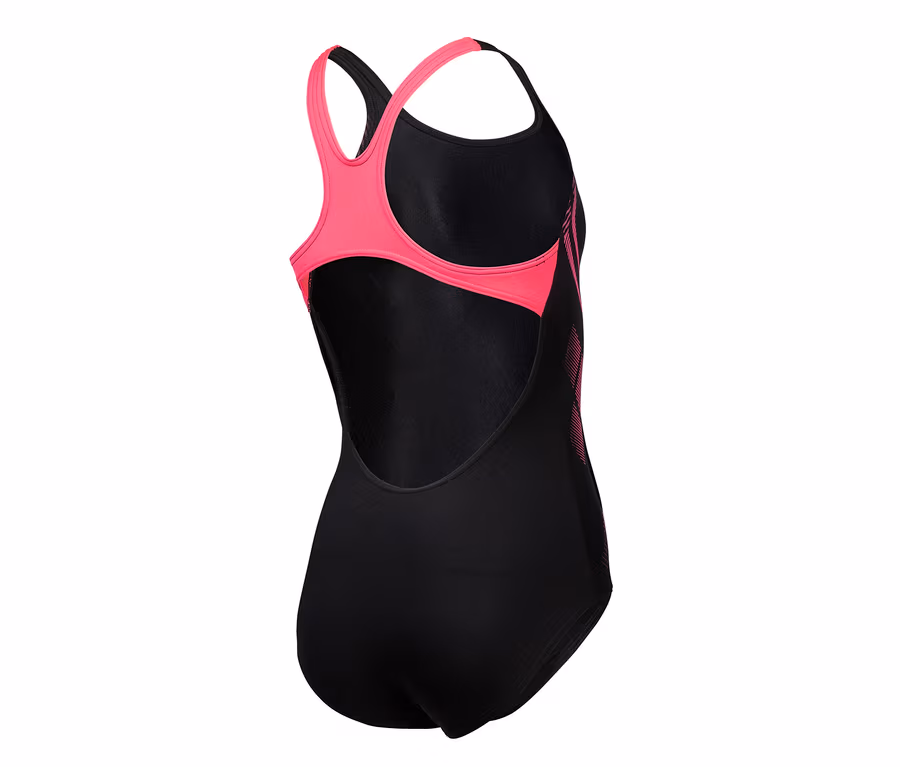 Schwarzer arena Performance Kinder-Badeanzug Poseidonia Swim Pro Back mit pinken Details.