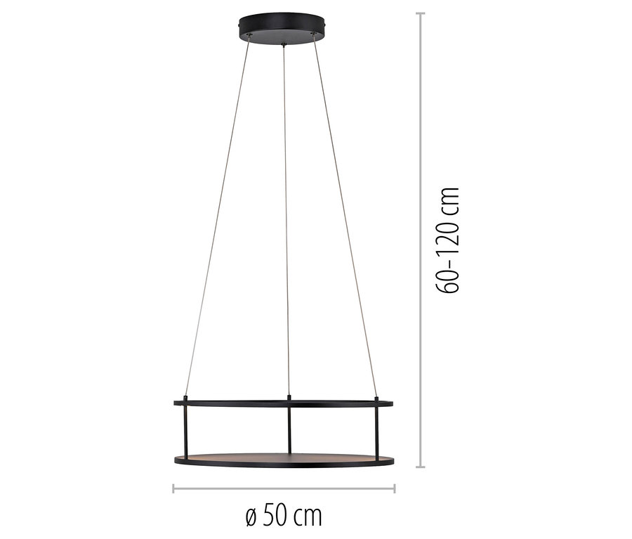 Schwarze Hängeleuchte mit einem Holzkreis von 50 cm Durchmesser, aufgehängt an dünnen Drähten.