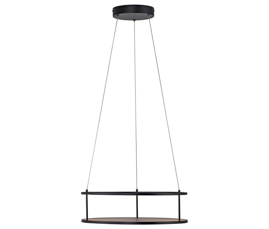 Schwarze Hängeleuchte mit rundem Holzregal.