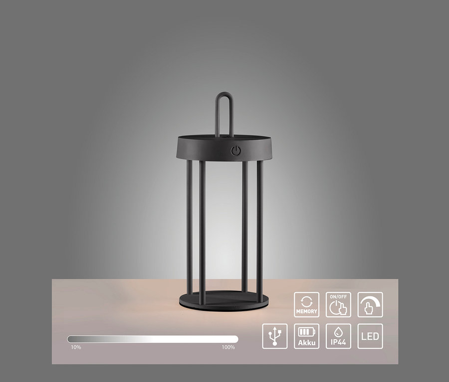Eine schwarze JUST LIGHT LED-Akku-Tischleuchte »Anselm« steht auf einer hellen Oberfläche.