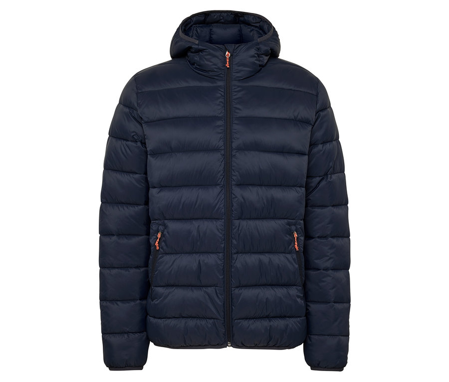 Marineblaue Steppjacke mit Kapuze und orangefarbenen Reißverschlussdetails.