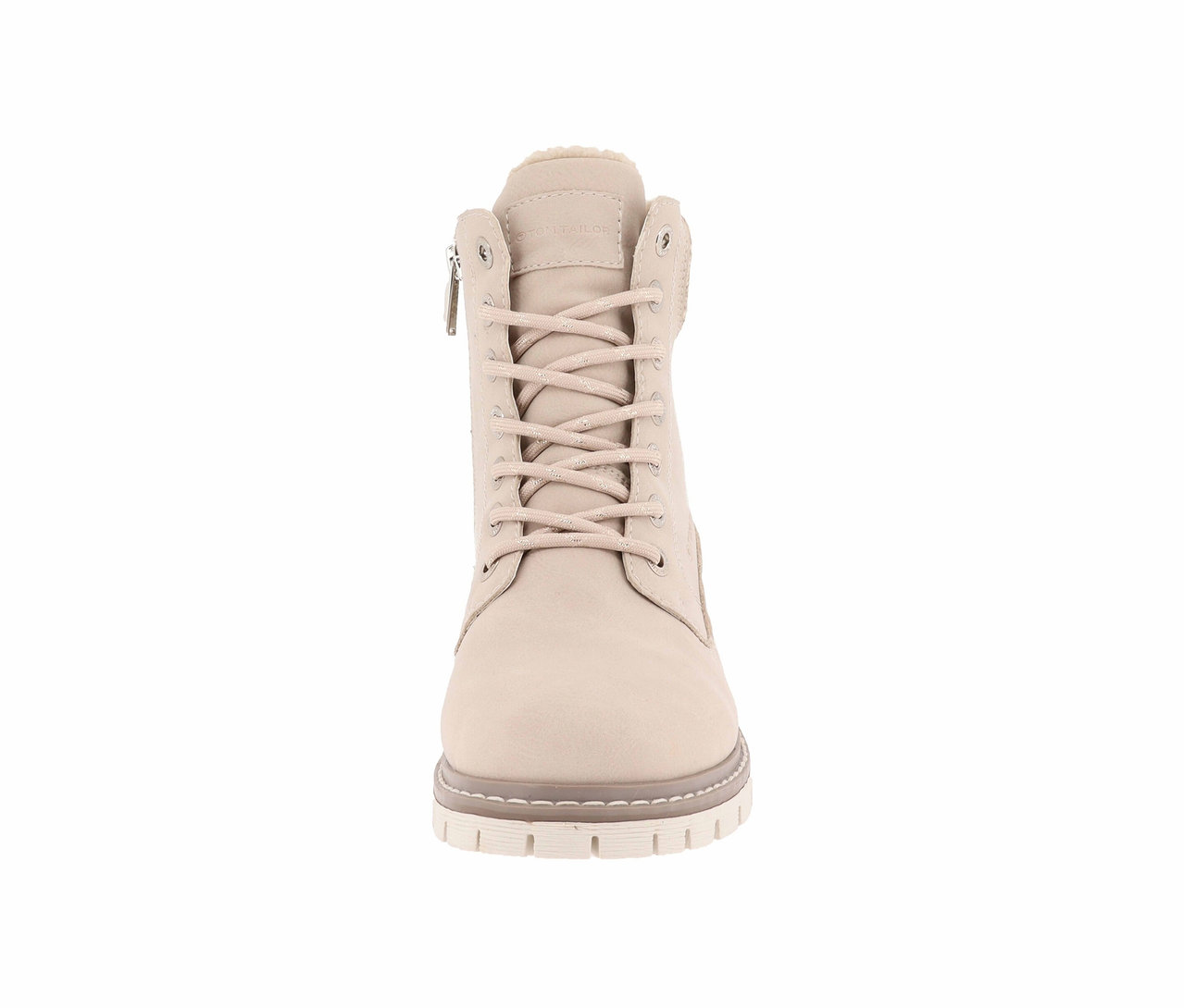 Beiger Schnürstiefel mit Reißverschluss.