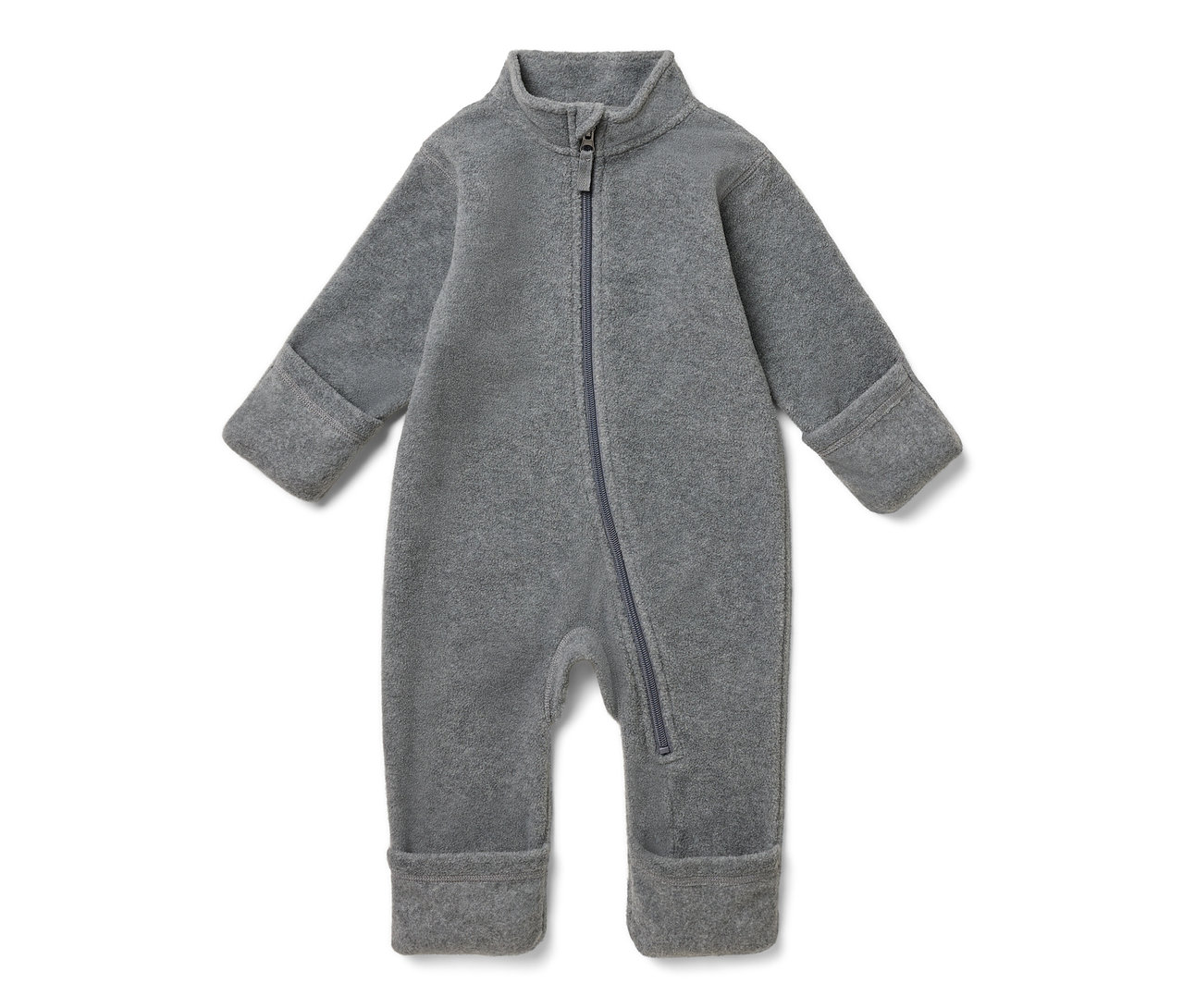 Grauer Baby-Fleece-Einteiler mit Reißverschluss.