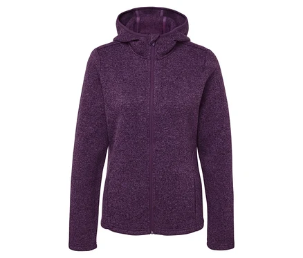 Lila Fleecejacke mit Kapuze und Reißverschluss.