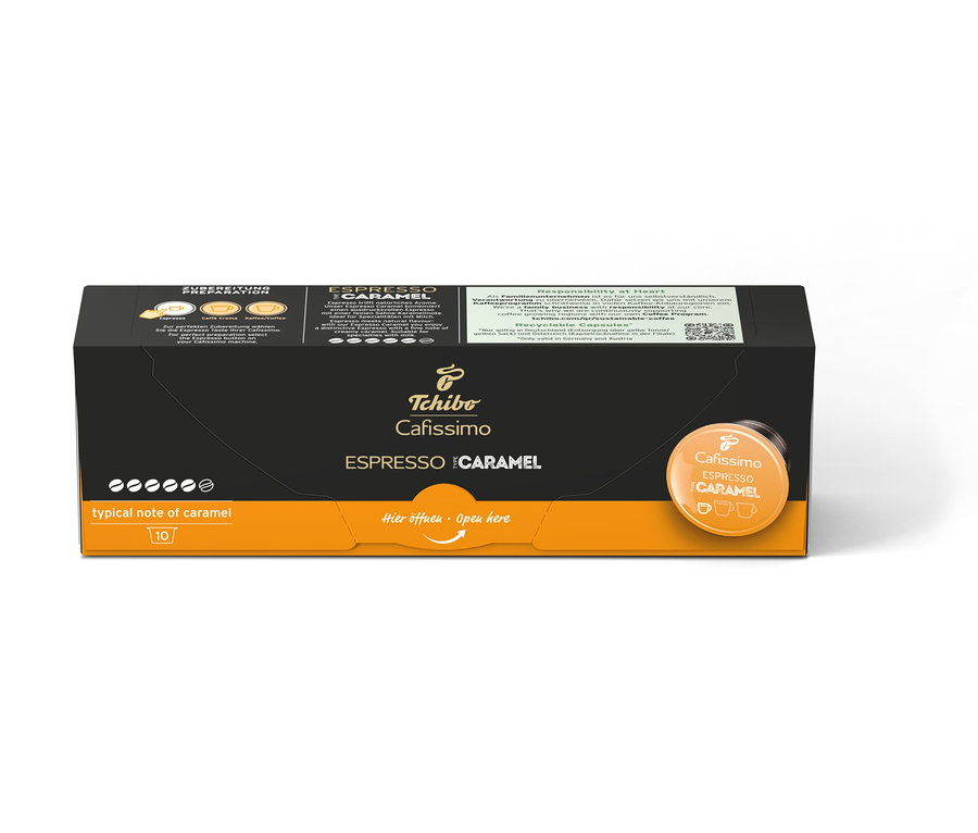 Eine Packung Cafissimo Flavoured Edition Espresso Caramel mit 10 Kapseln.