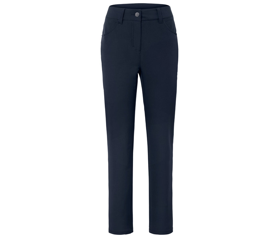 Dunkelblaue Hose mit Knopf und Taschen.