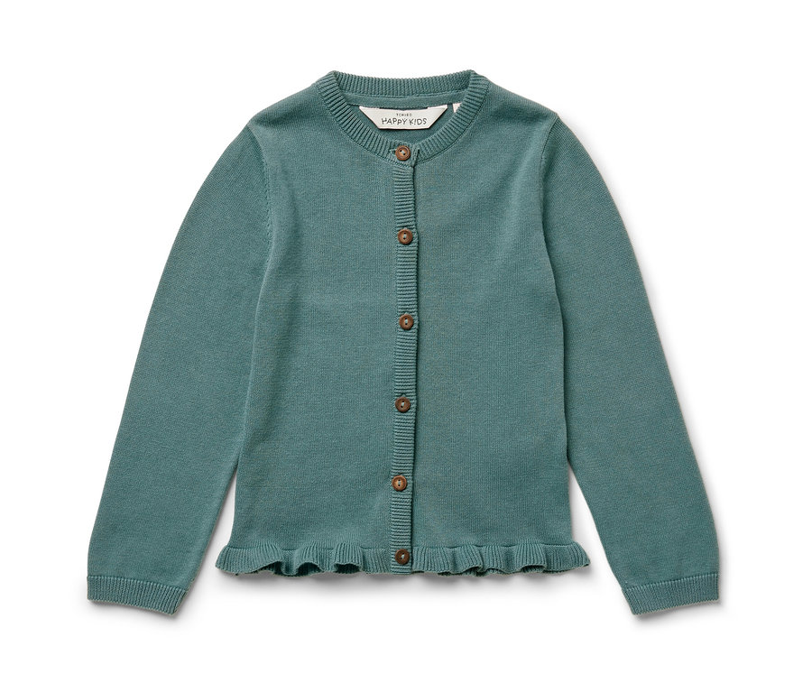 Eine blaue Kinder-Strickjacke mit Knöpfen und Rüschen.