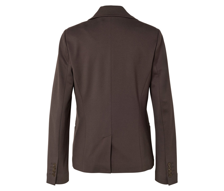 Rückansicht eines dunkelbraunen Blazers mit Knöpfen an den Ärmeln vor einem weißen Hintergrund.
