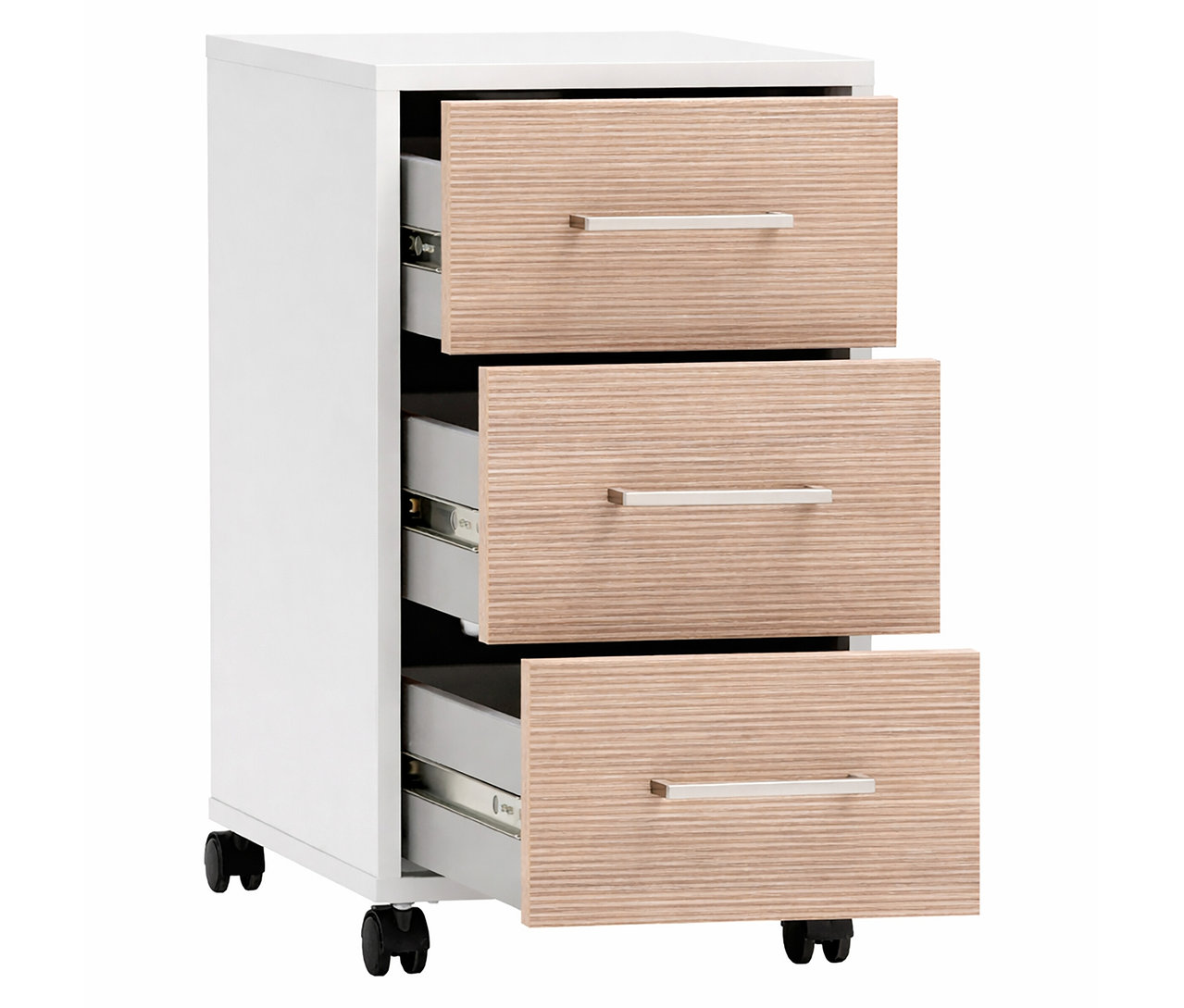 Ein weißer Rollcontainer mit drei Schubladen, von denen die obere und untere leicht geöffnet sind.