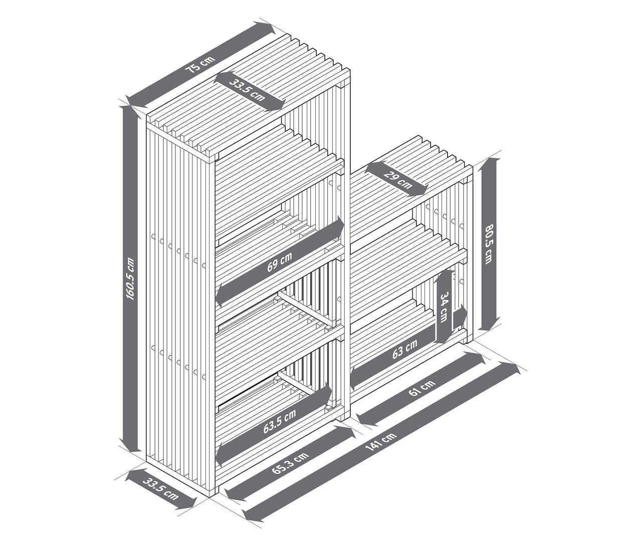 Draufsicht des ausziehbaren Regals "FLEKSIBEL" mit Maßangaben.