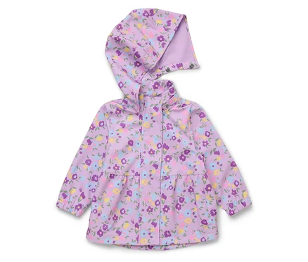 Lila Regenjacke mit Blumenmuster, Kapuze und Druckknöpfen.
