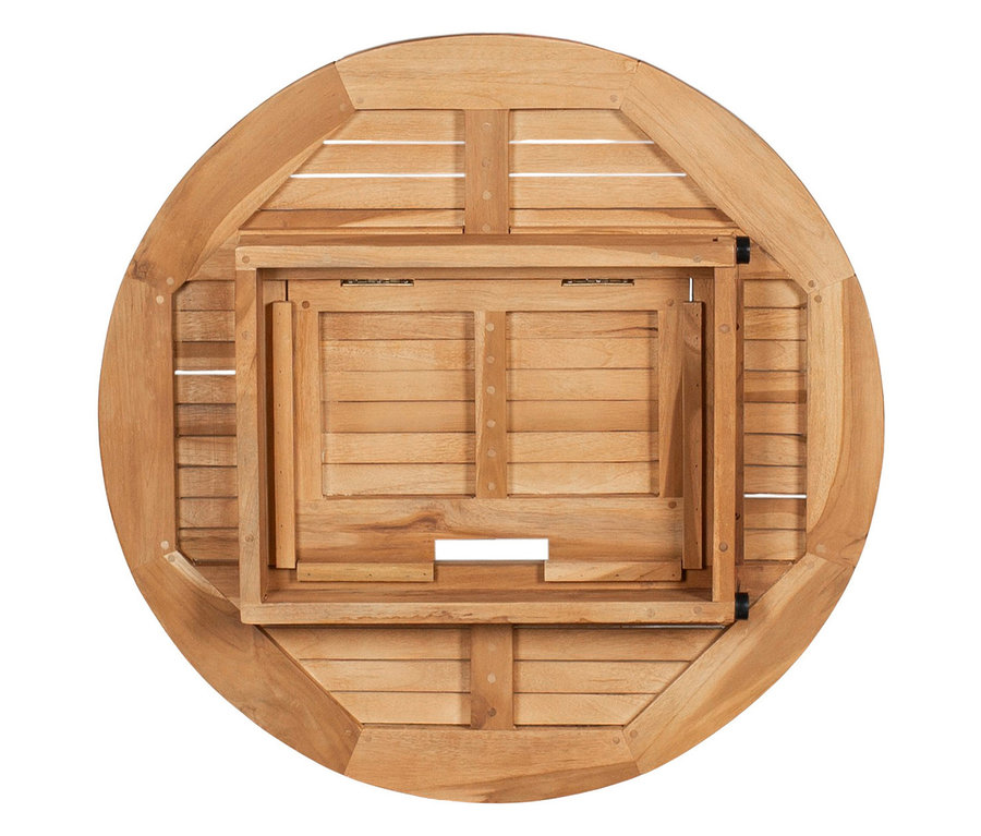 Draufsicht auf einen runden Holztisch mit einer ausklappbaren Tischverlängerung in der Mitte.