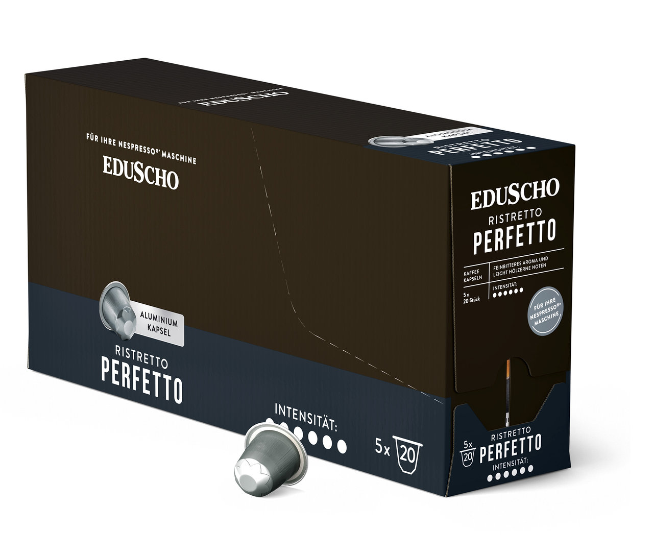 Eine geöffnete braune Packung Eduscho Ristretto Perfetto Kaffeekapseln mit einer einzelnen Kapsel davor.