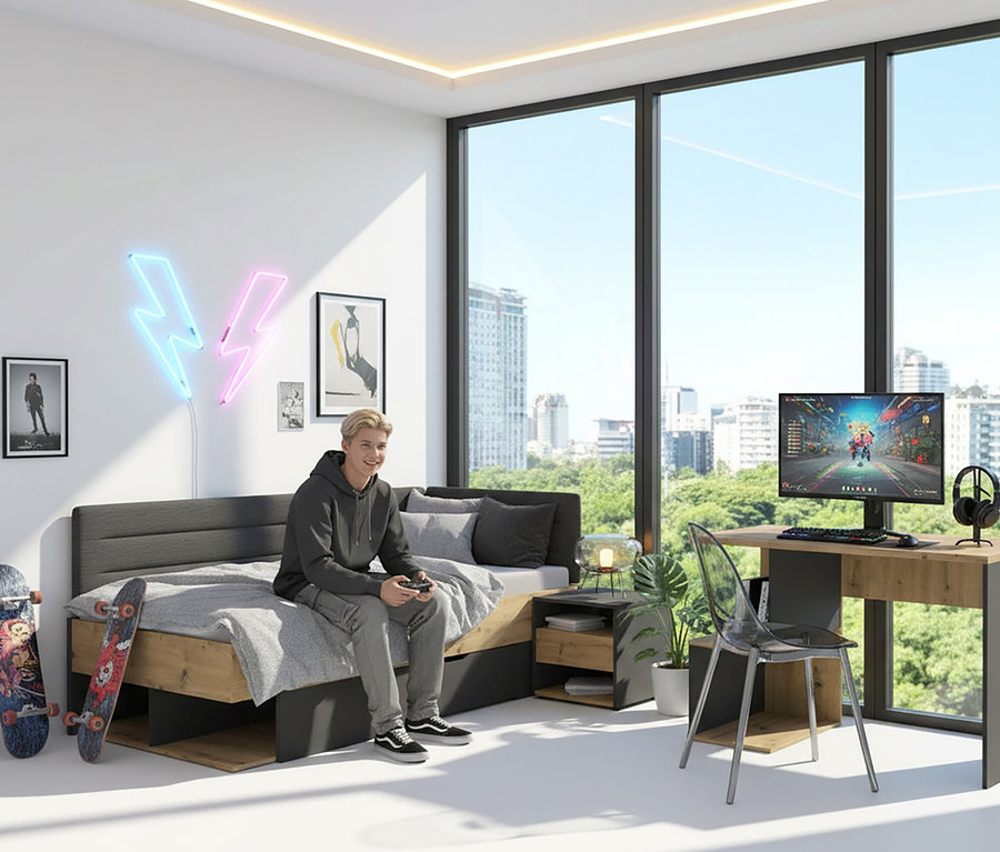 Ein junger Mann sitzt auf einem Roba Jugendbett »Marvin«, 90 x 200 cm, und spielt Videospiele.