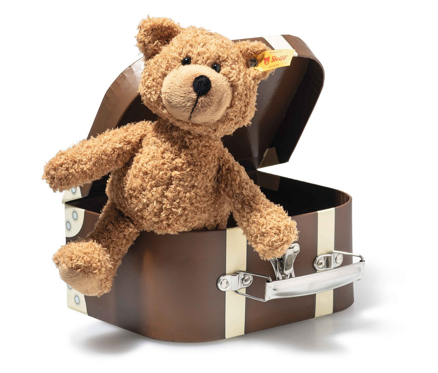 Ein hellbrauner Teddybär sitzt in einem braunen Koffer mit cremefarbenen Streifen.