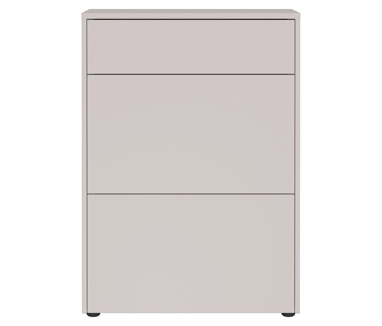 Ein hellgrauer Schuhschrank mit drei Schubladen steht vor einem weißen Hintergrund.