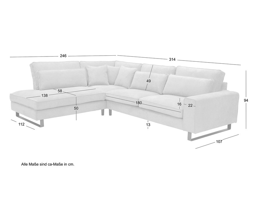 Abmessungen eines weißen Ecksofas mit silbernen Füßen, alle Maße in Zentimetern angegeben.