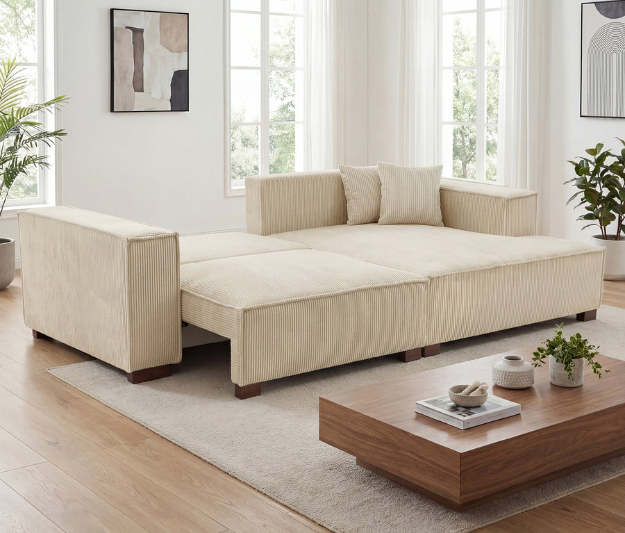 Ein creme-farbenes »Cumello« 2-Sitzer Sofa mit Auszugsbett links und Longchair rechts steht in einem hellen Wohnzimmer.