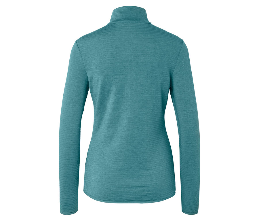 Rückansicht eines türkisfarbenen, langärmligen Oberteils mit Reissverschluss am Kragen.