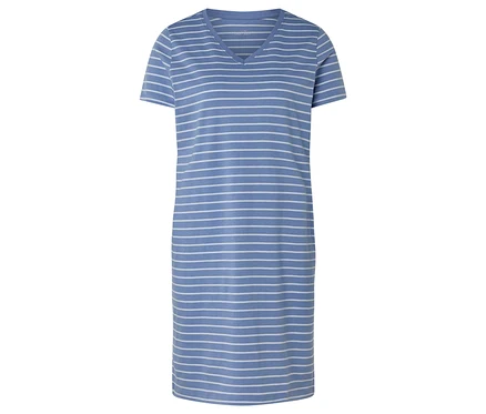 Blaues, gestreiftes T-Shirt-Kleid mit V-Ausschnitt.