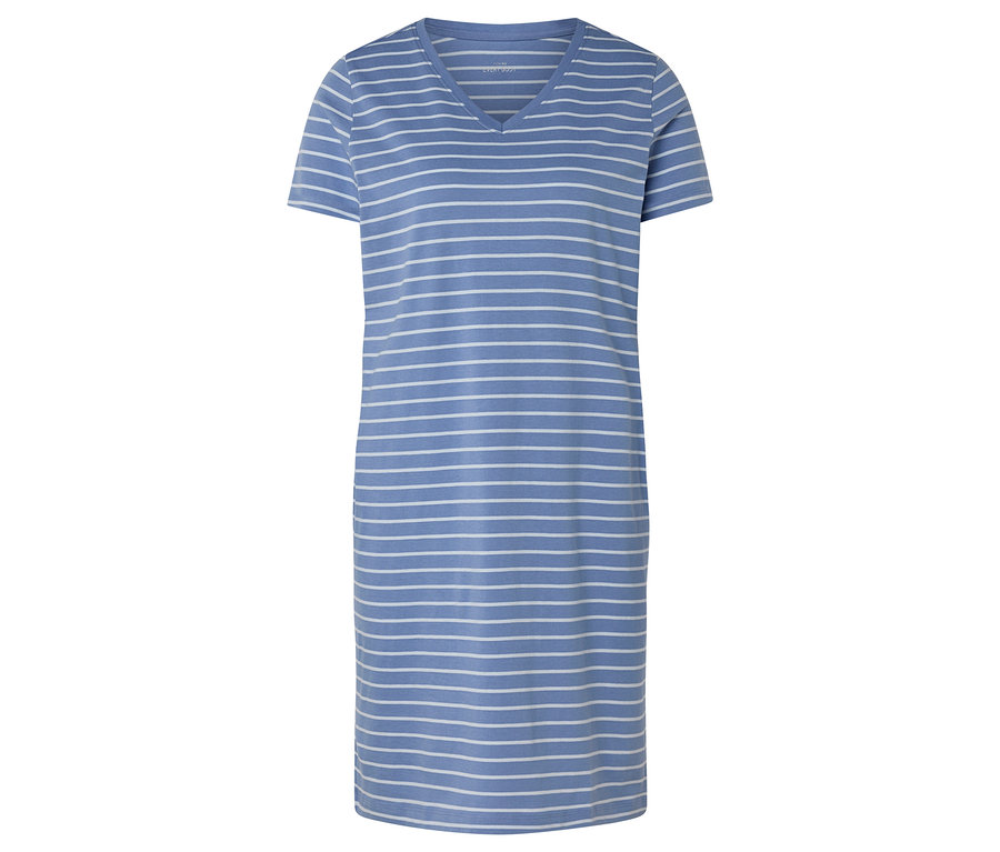Blaues, gestreiftes T-Shirt-Kleid mit V-Ausschnitt.