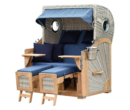 deVries Strandkorb, Teak, XL, mit Champagnerkühler aus Korbgeflecht, Teakholz und blauem Stoff mit Bullaugen und ausziehbaren Fußstützen.