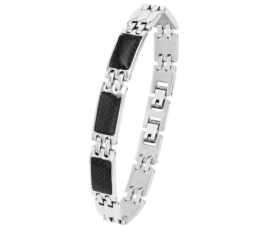 Silbernes Armband mit schwarzen, rechteckigen Akzenten auf weißem Hintergrund.