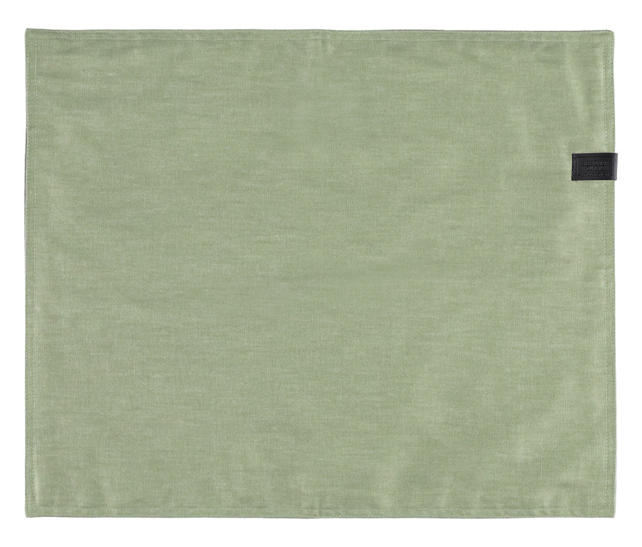 Quadratisches SCHÖNER WOHNEN-Kollektion Tischset in Khaki, mit kleinem schwarzem Etikett oben rechts.