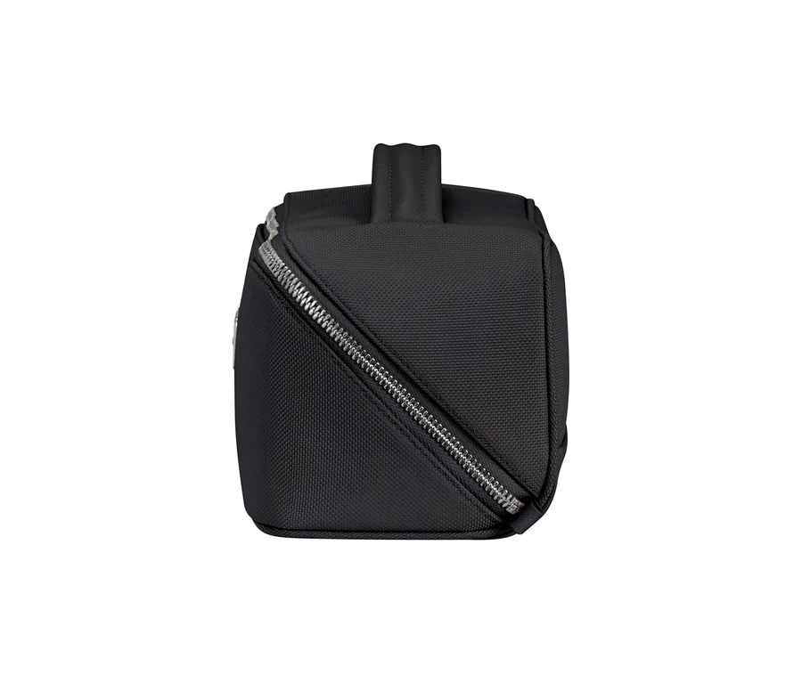 Schwarzes Samsonite IMAGE Toilet Kit Beautycase mit diagonalem silbernem Reißverschluss und Tragegriff, von der Seite gesehen.