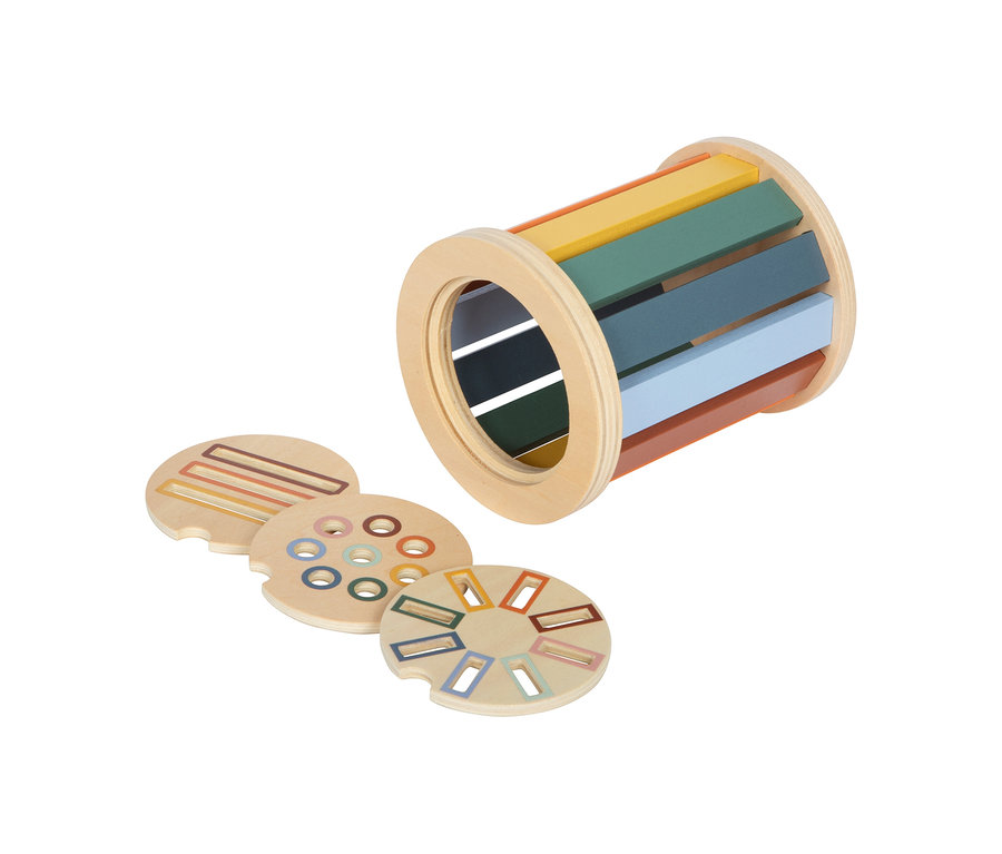 small foot Montessori-Bundle 2: Ein Holzroller mit bunten Lamellen und drei runden Holzscheiben mit verschiedenen farbigen Ausstanzungen.