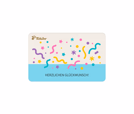 Digitale Geschenkkarte mit hellbeiger Oberseite und hellblauer Unterseite. Die Oberseite zeigt farbiges Konfetti (rosa, lila, gelbe, türkise Schnörkel, Punkte, Sterne) und ein braunes Tchibo Logo. Unten steht in Weiß 'HERZLICHEN GLÜCKWUNSCH!'.