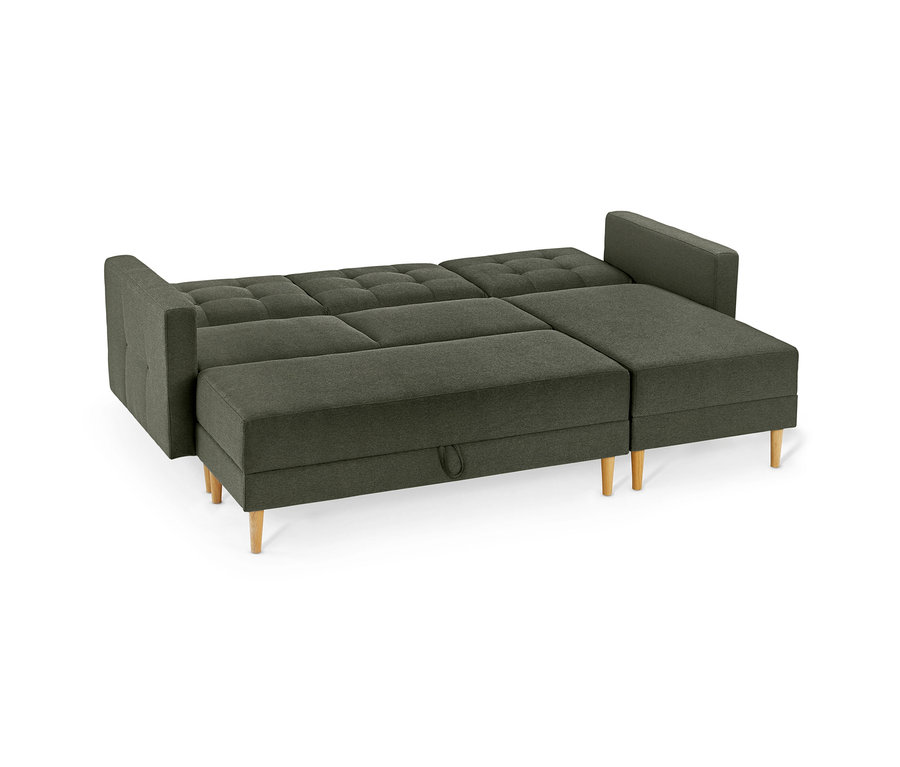 Grünes Federkern-Eckschlafsofa »Just Relax« in Schlafposition, mit Stauraumbank und Holzfüßen.