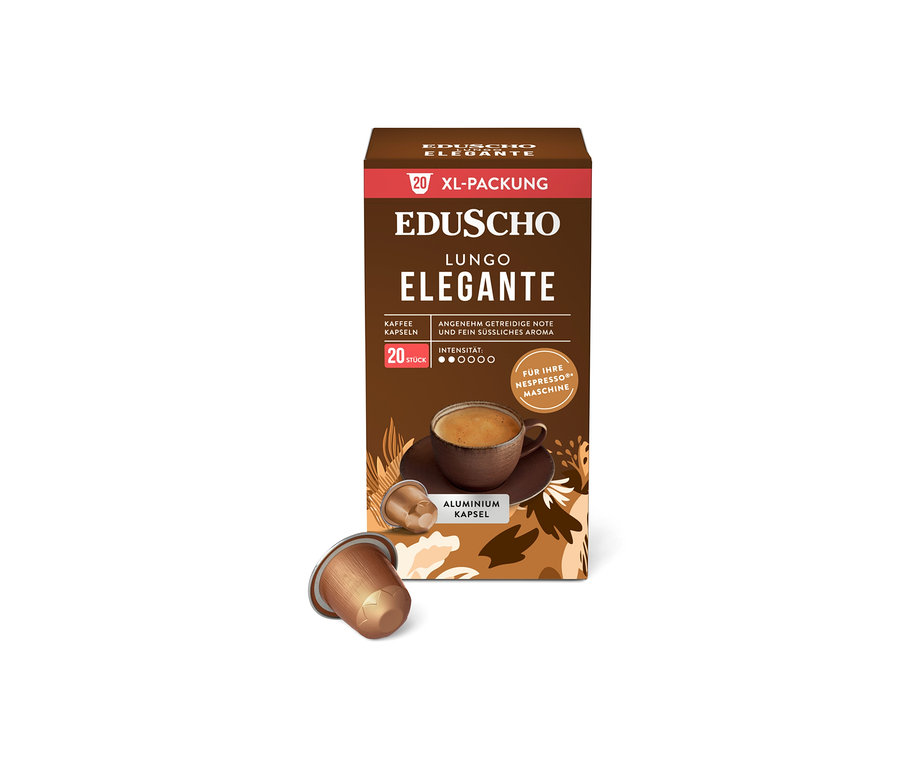 Eduscho Lungo Elegante Kaffeekapseln, 20 Stück, in brauner Verpackung mit Tasse Kaffee und zwei Kapseln.