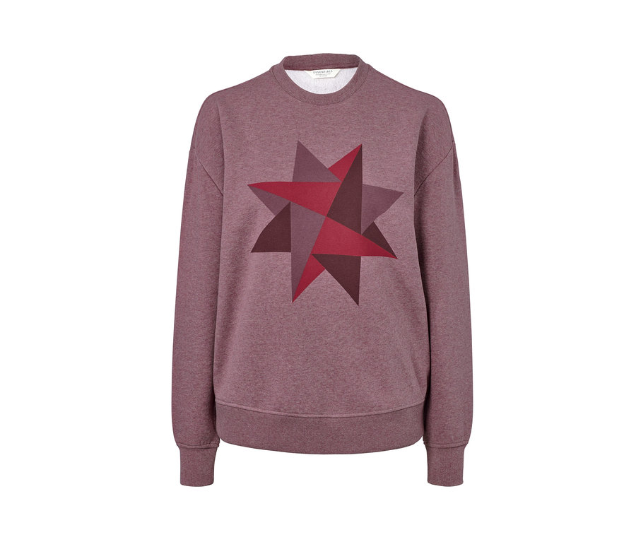 Ein weinrotes Sweatshirt mit einem geometrischen Sternmuster.